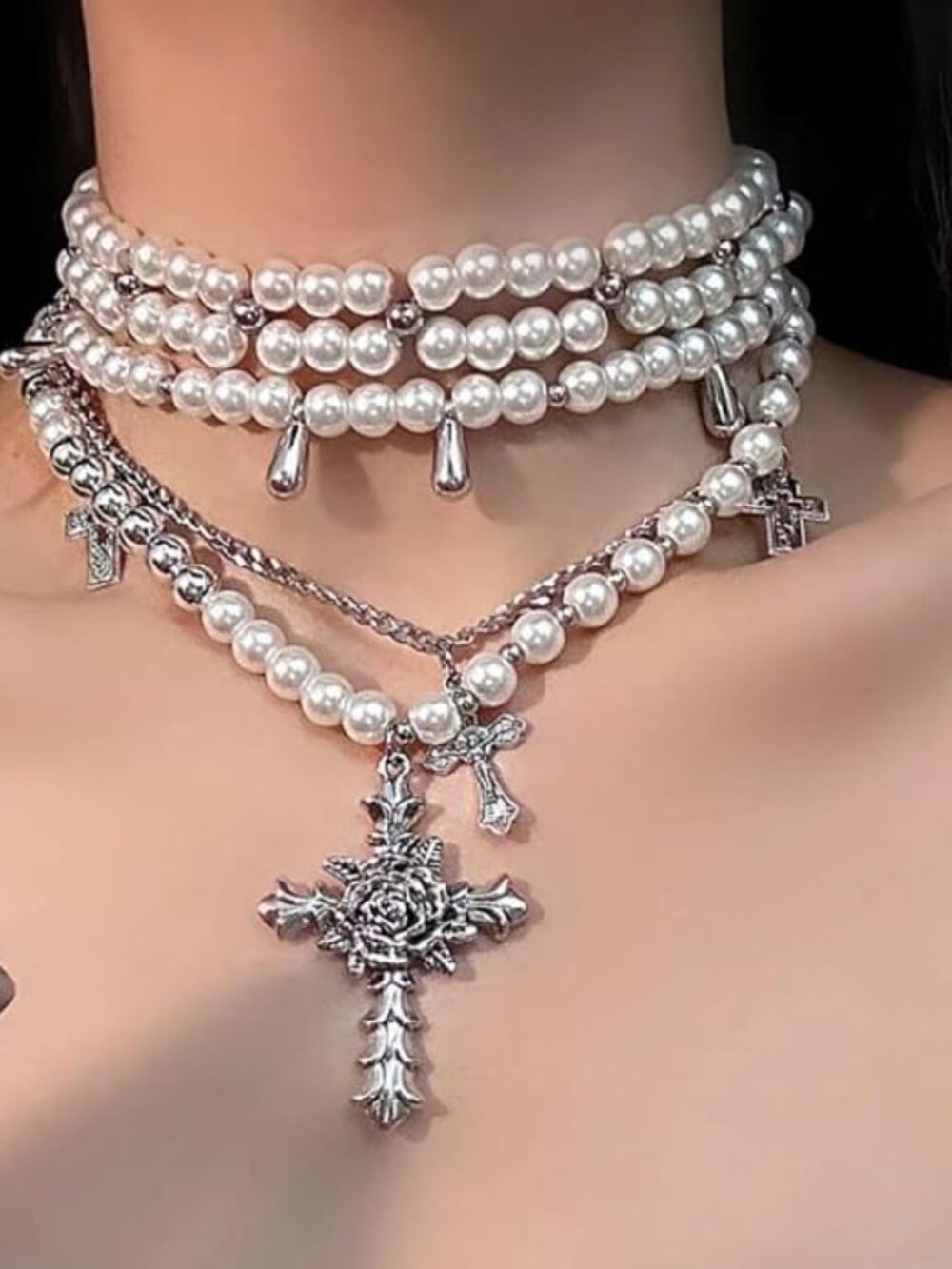 Layered Pearl Necklace Gothic Cross Pearl Stacked Necklace for Women - Picture 3 of 6
